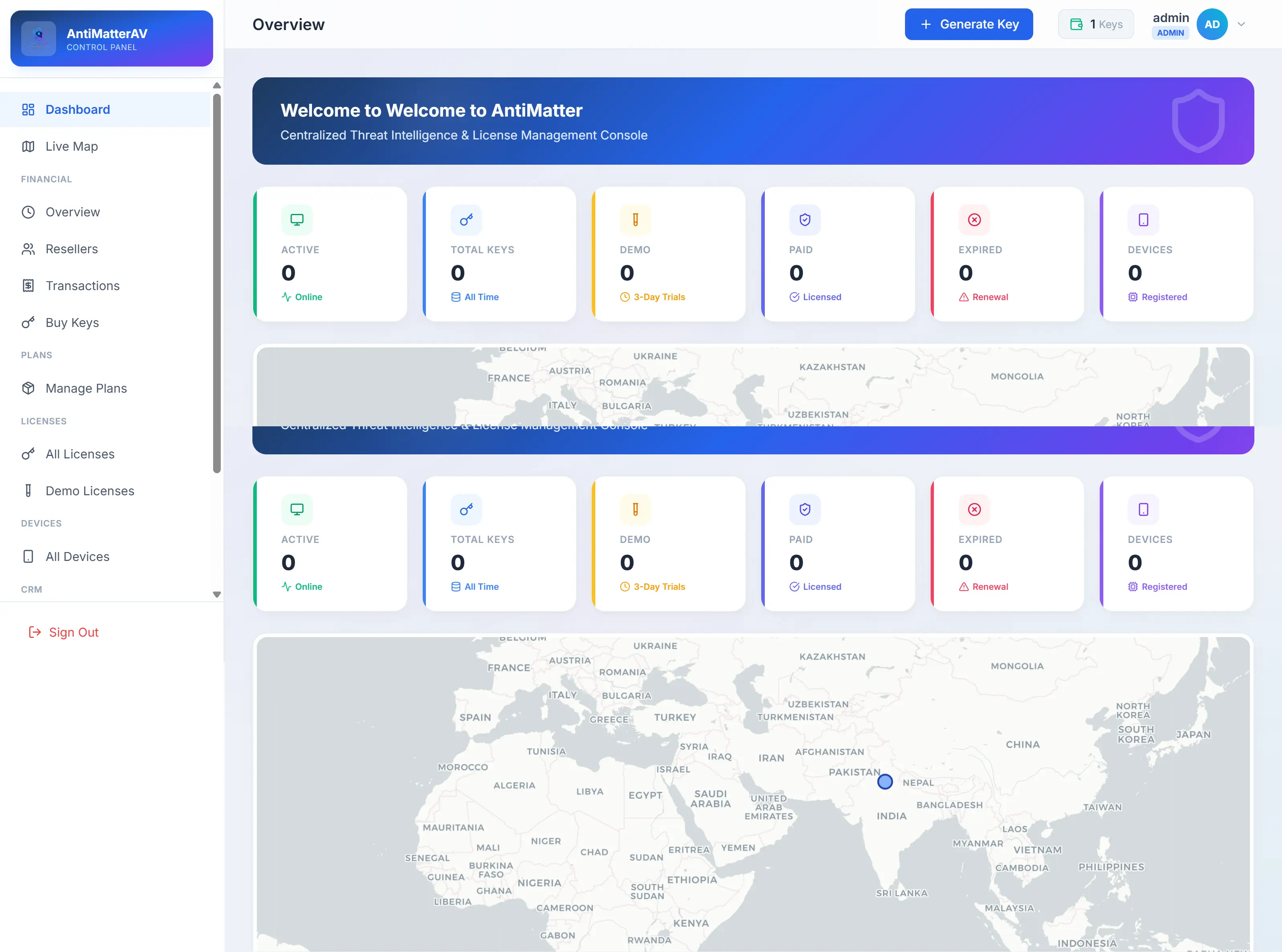 AntiVirus, AntiSpam, Fraud Protection Console Dashboard
